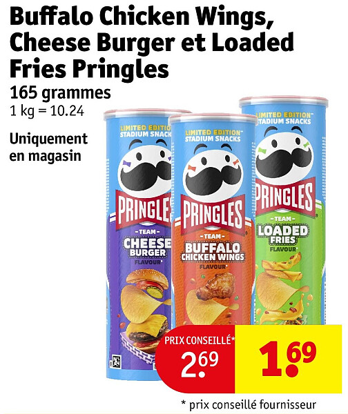 Buffalo Chicken Wings, Cheese Burger et Loaded Fries Pringles 165 grammes