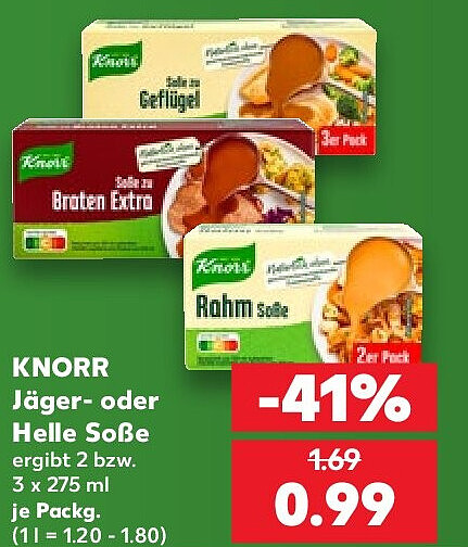 KNORR Jäger- oder Helle Soße ergibt 2 bzw. 3 x 275 ml je Packg. (1 l = 1.20 - 1.80)