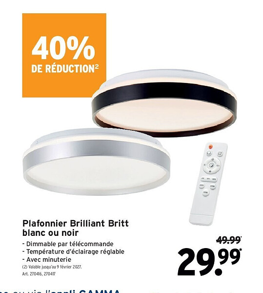 Plafonnier Brilliant Britt blanc ou noir
