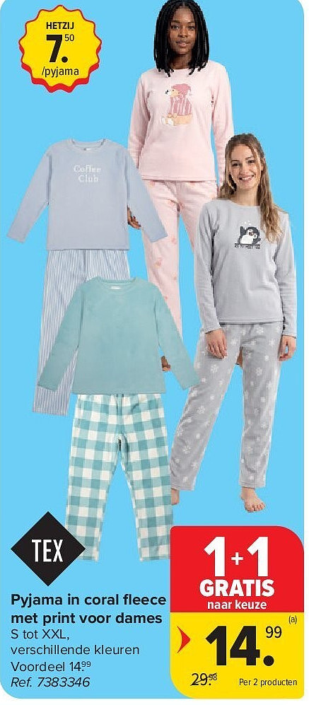 Pyjama in coral fl eece met print voor dames