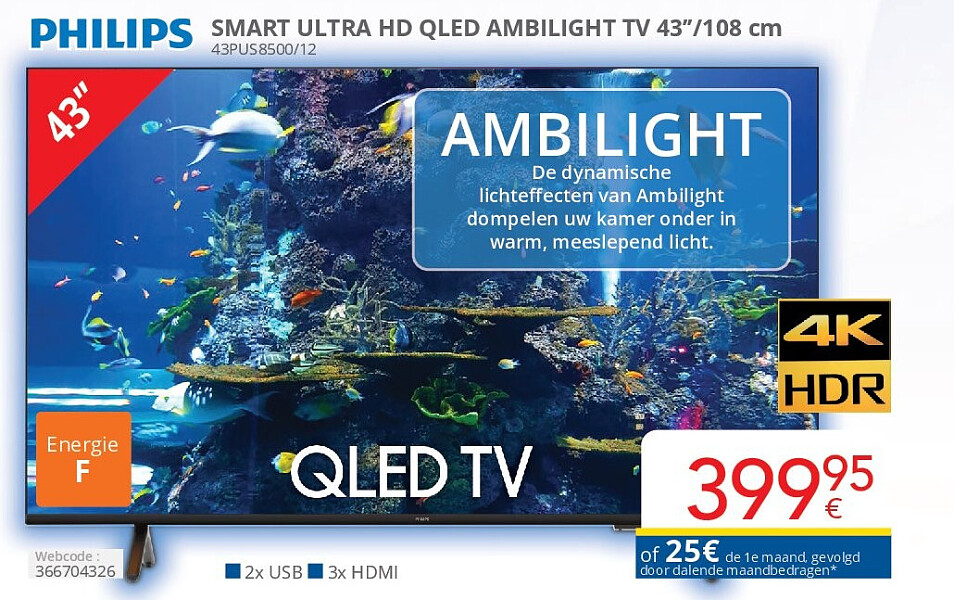 Philips SMART ULTRA HD QLED AMBILIGHT TV 43’’/108 cm 43PUS8500/12