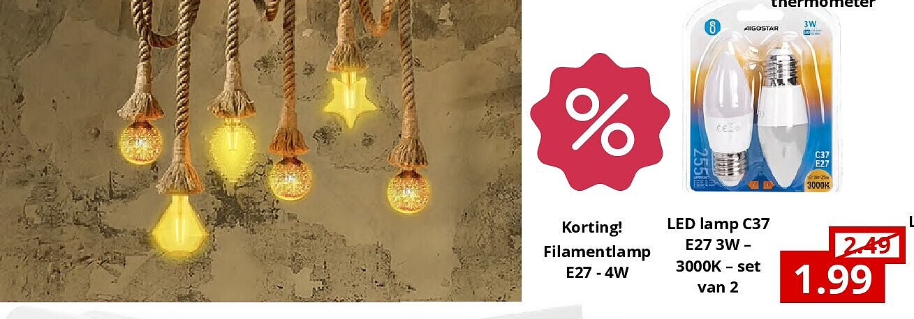 LED lamp C37 E27 3W – 3000K – set van 2