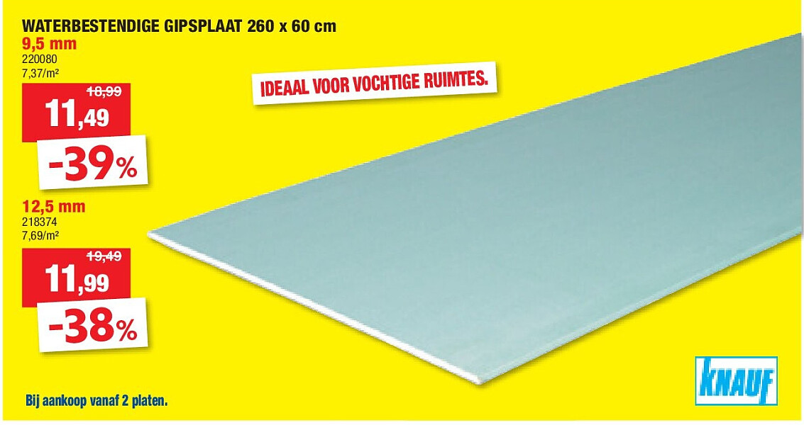 WATERBESTENDIGE GIPSPLAAT 260 x 60 cm 9,5 mm