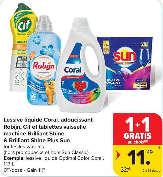 Lessive liquide Coral, adoucissant Robijn, Cif et tablettes vaisselle machine Brilliant Shine & Brilliant Shine Plus Sun