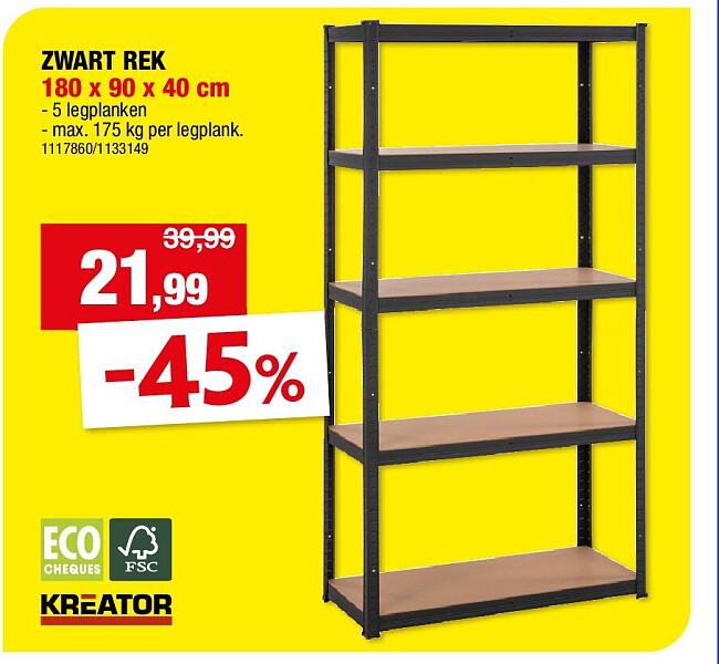ZWART REK 180 x 90 x 40 cm