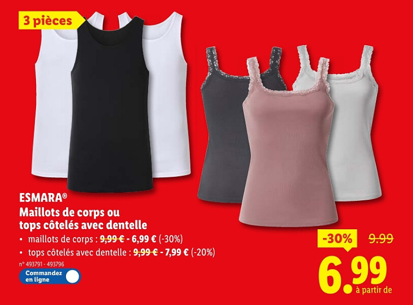Maillots de corps ou tops côtelés avec dentelle