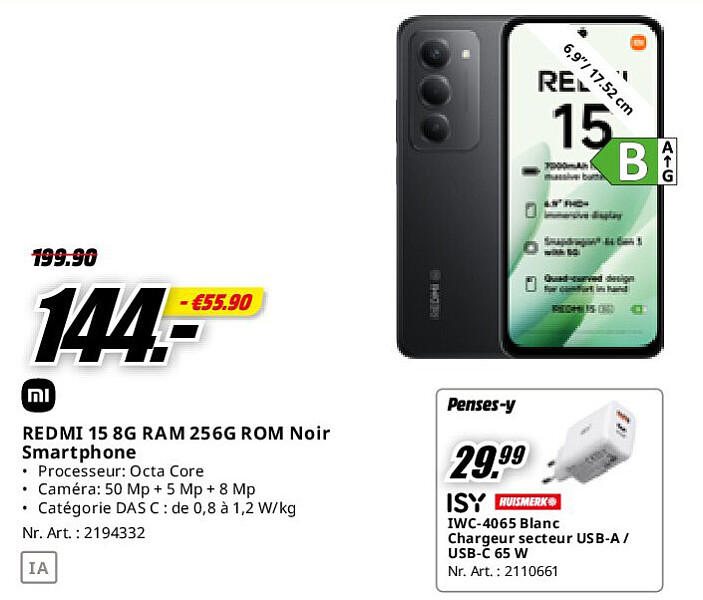 REDMI 15 8G RAM 256G ROM Noir Smartphone