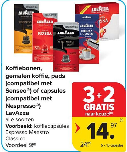 Koffiebonen, gemalen koffie, pads (compatibel met Senseo®) of capsules (compatibel met Nespresso®) LavAzza