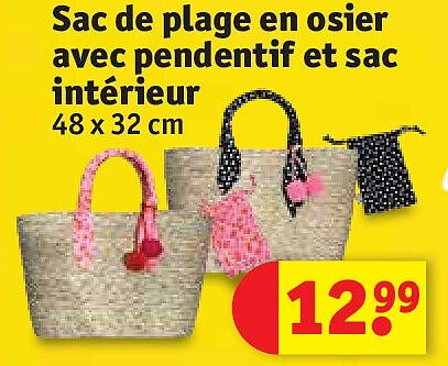 Sac de plage en osier avec pendentif et sac intérieur 48 x 32 cm