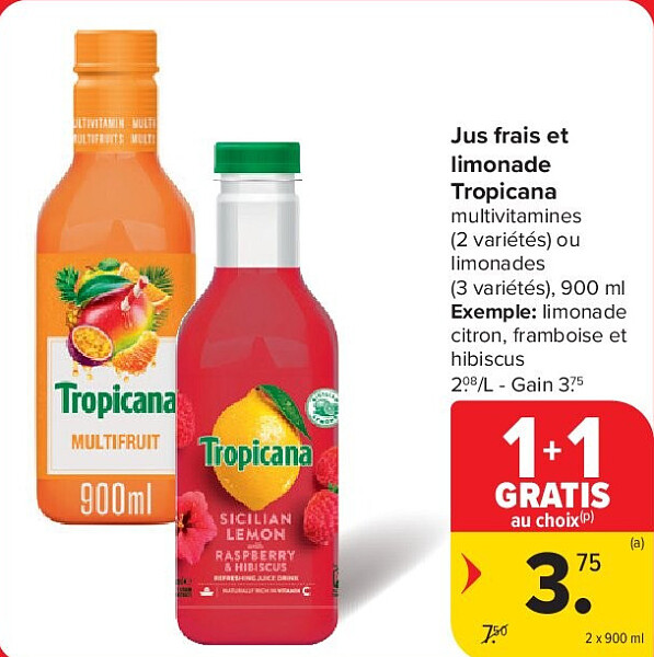 Jus frais et limonade Tropicana 2 x 900 ml