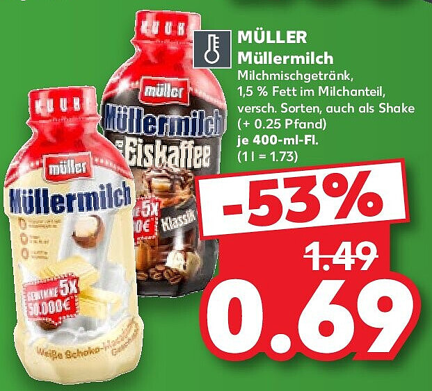 MÜLLER Müllermilch Milchmischgetränk, 1,5 % Fett im Milchanteil, versch. Sorten, auch als Shake (+ 0.25 Pfand) je 400-ml-Fl. (1 l = 1.73)