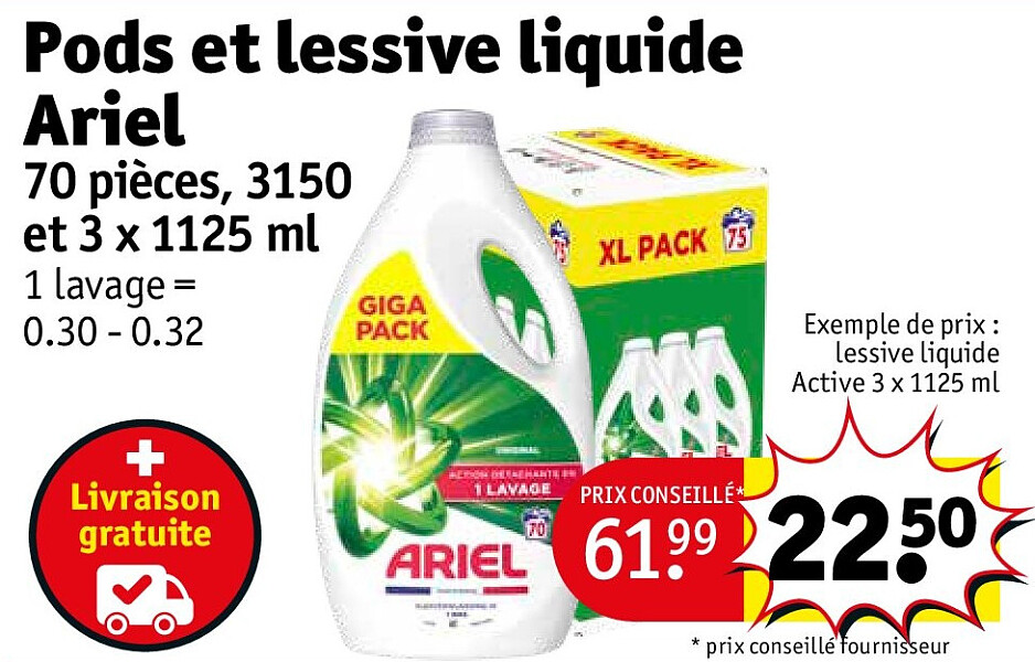 Pods et lessive liquide Ariel 3 x 1125 ml