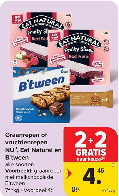 Graanrepen of vruchtenrepen NU³, Eat Natural en B’tween