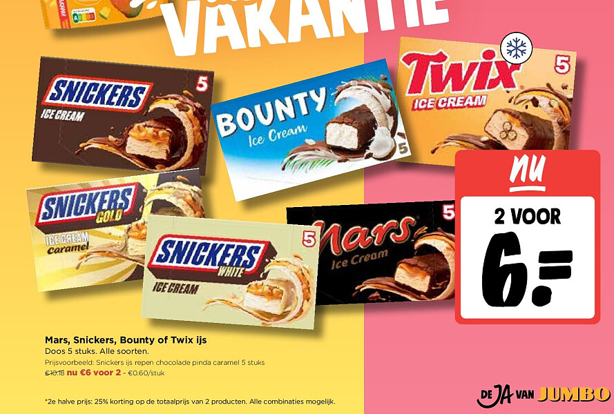 Mars, Snickers, Bounty of Twix ijs