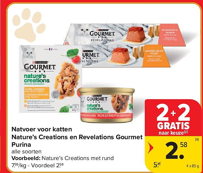 Natvoer voor katten Nature’s Creations en Revelations Gourmet Purina