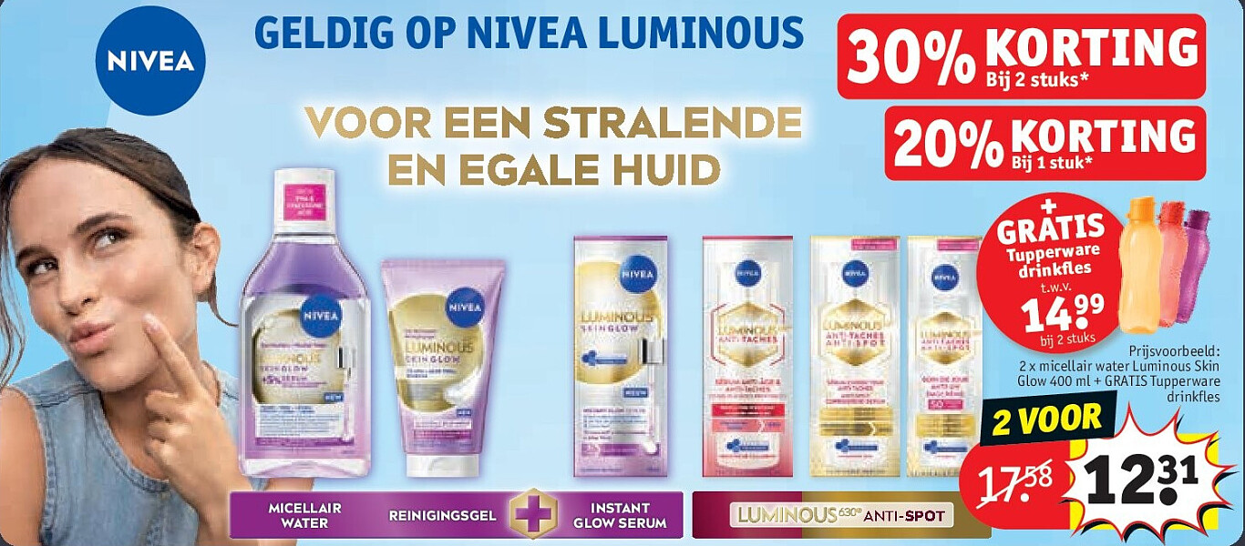 2 x micellair water Luminous Skin Glow 400 ml + GRATIS Tupperware drinkfles