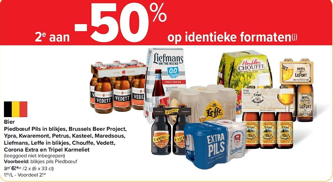 Bier Piedbœuf Pils in blikjes, Brussels Beer Project, Ypra, Kwaremont, Petrus, Kasteel, Maredsous, Liefmans, Leffe in blikjes, Chou e, Vedett, Corona Extra en Tripel Karmeliet