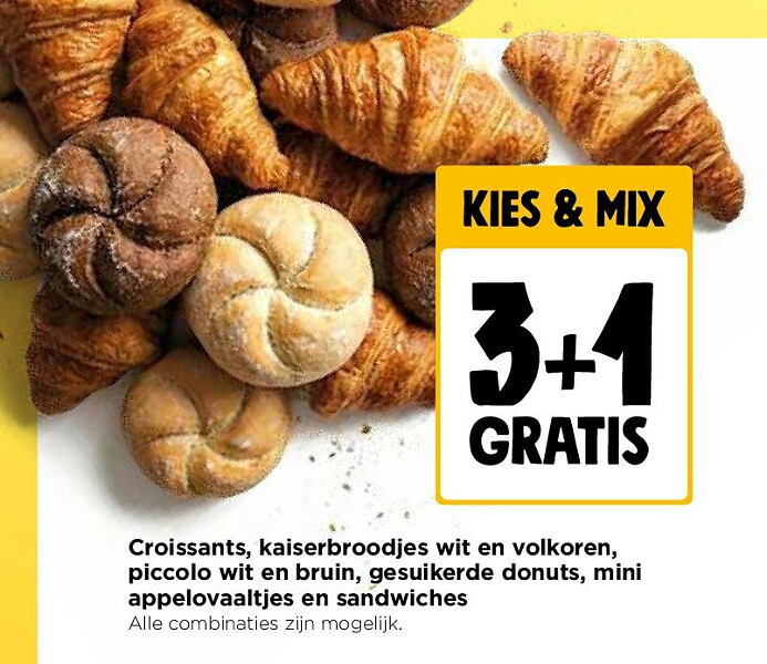 Croissants, kaiserbroodjes wit en volkoren, piccolo wit en bruin, gesuikerde donuts, mini appelovaaltjes en sandwiches