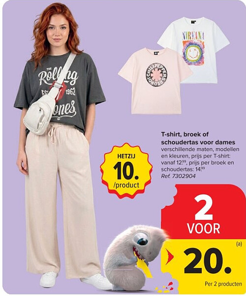 T-shirt, broek of schoudertas voor dames