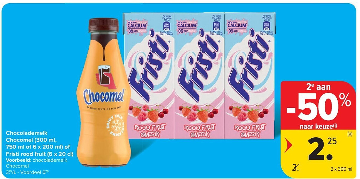 Chocolademelk Chocomel (300 ml, 750 ml of 6 x 200 ml) of Fristi rood fruit (6 x 20 cl)