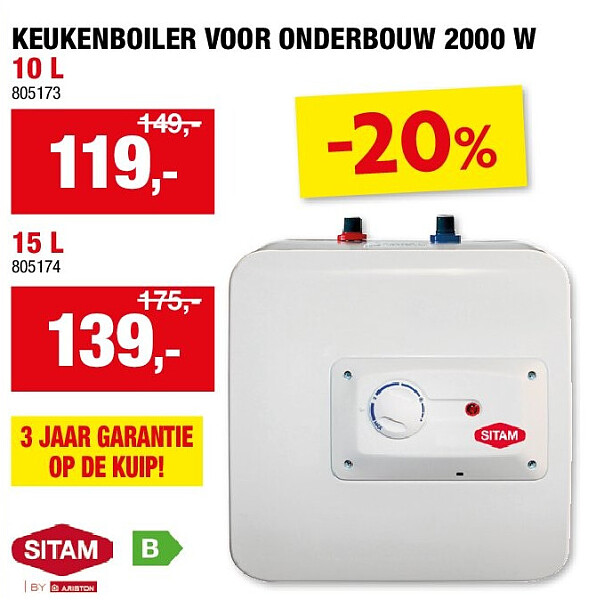 KEUKENBOILER VOOR ONDERBOUW 2000 W 10 L