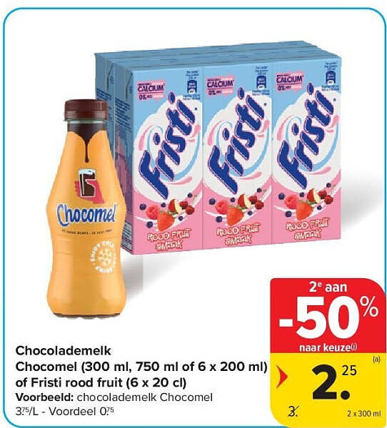 Chocolademelk Chocomel (300 ml, 750 ml of 6 x 200 ml) of Fristi rood fruit (6 x 20 cl)