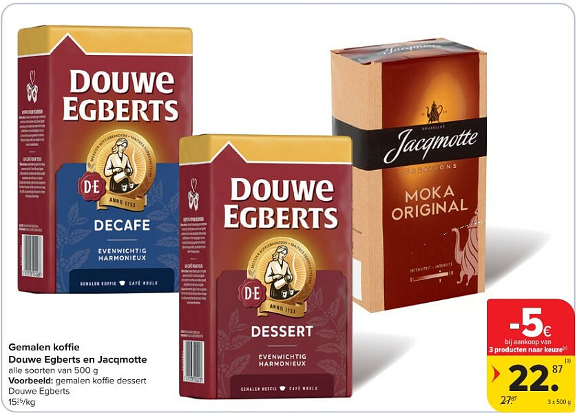 Gemalen koffie Douwe Egberts en Jacqmotte