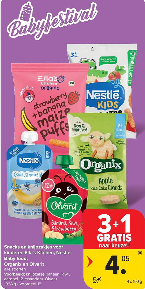 Snacks en knijpzakjes voor kinderen Ella’s Kitchen, Nestlé Baby food, Organix en Olvarit