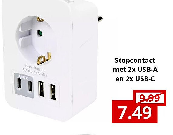 Stopcontact met 2x USB-A en 2x USB-C