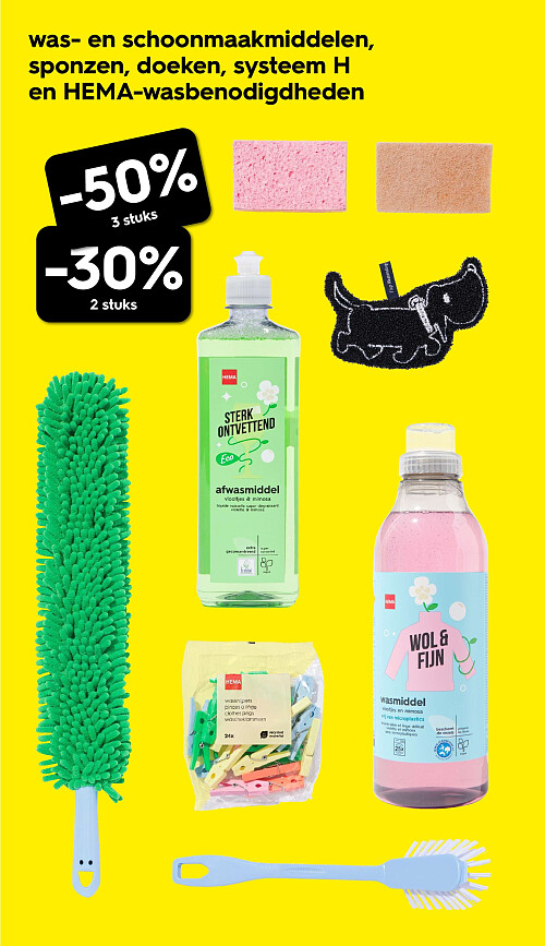 was- en schoonmaakmiddelen, sponzen, doeken, systeem H en HEMA-wasbenodigdheden