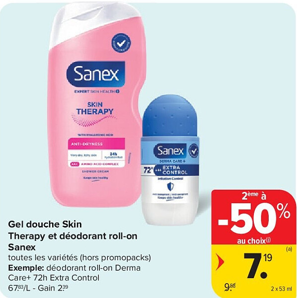 Gel douche Skin Therapy et déodorant roll-on Sanex 2 x 53 ml