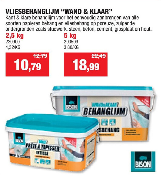 VLIESBEHANGLIJM “WAND & KLAAR” den zoals stucwerk, steen, beton, cement, gipsplaat en hout.