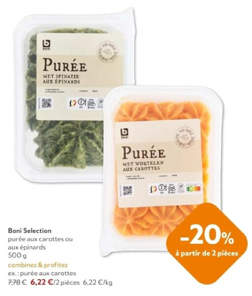 Boni Selection purée aux carottes ou aux épinards 500 g