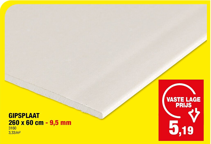 GIPSPLAAT 260 x 60 cm - 9,5 mm