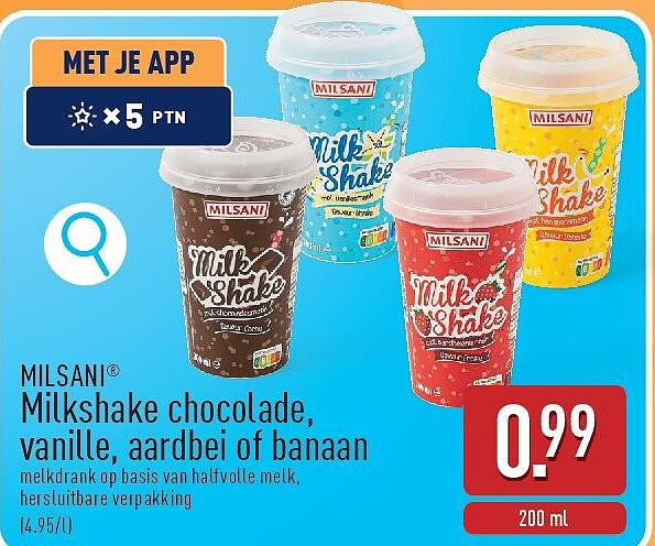Milkshake chocolade, vanille, aardbei of banaan