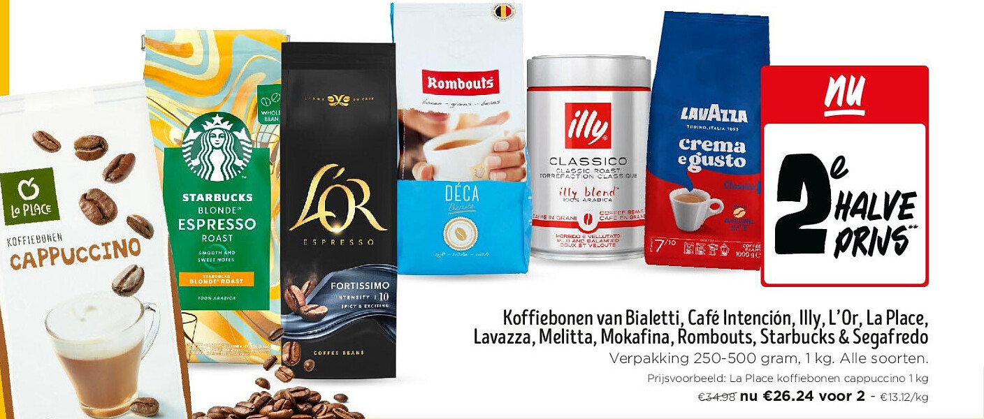 Koffiebonen van Bialetti, Café Intención, Illy, L’Or, La Place, Lavazza, Melitta, Mokafina, Rombouts, Starbucks & Segafredo