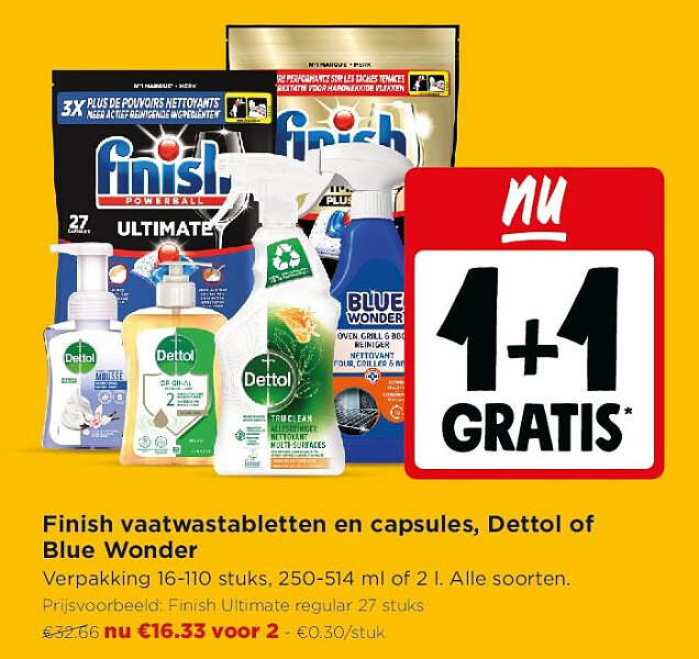 Finish vaatwastabletten en capsules, Dettol of Blue Wonder