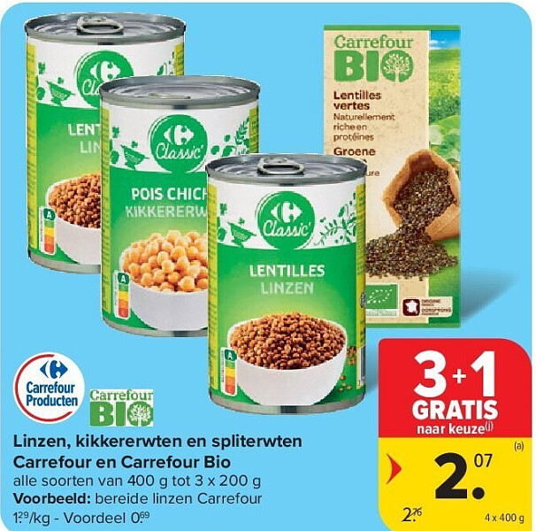 Linzen, kikkererwten en spliterwten Carrefour en Carrefour Bio