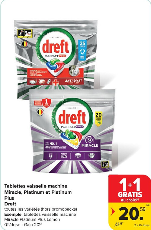 Tablettes vaisselle machine Miracle, Platinum et Platinum Plus Dreft 2 x 20 doses