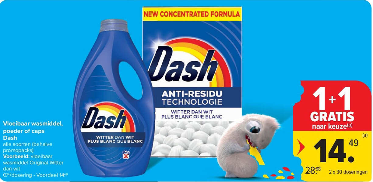 Vloeibaar wasmiddel, poeder of caps Dash