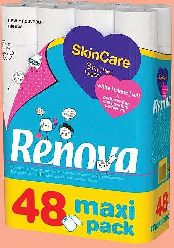 Papier toilette Renova 3 épaisseurs, 48 rouleaux