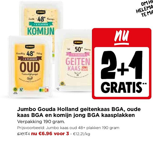 Jumbo Gouda Holland geitenkaas BGA, oude kaas BGA en komijn jong BGA kaasplakken