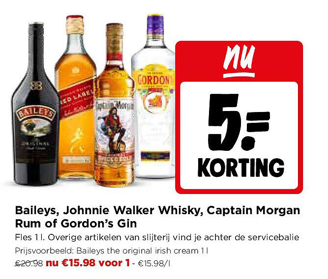 Baileys, Johnnie Walker Whisky, Captain Morgan Rum of Gordon’s Gin