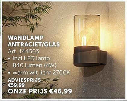 WANDLAMP ANTRACIET/GLAS