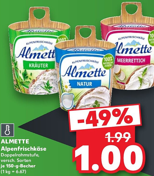 ALMETTE Alpenfrischkäse Doppelrahmstufe, versch. Sorten je 150-g-Becher (1 kg = 6.67)