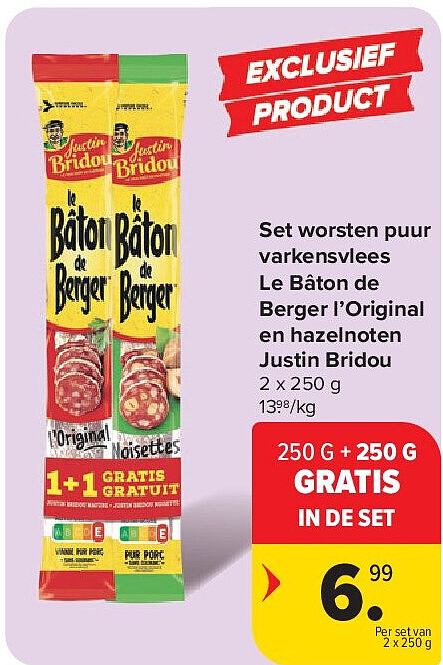 Set worsten puur varkensvlees Le Bâton de Berger l’Original en hazelnoten Justin Bridou