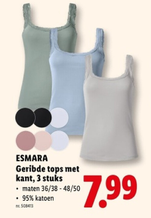 Geribde tops met kant, 3 stuks