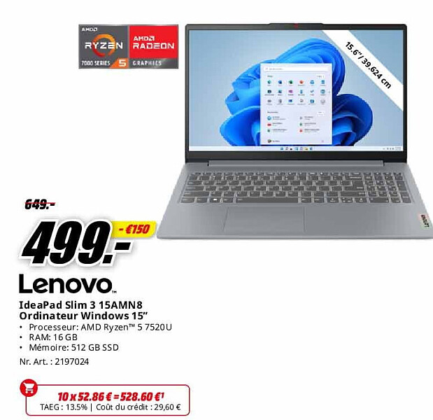 Lenovo IdeaPad Slim 3 15AMN8 Ordinateur Windows 15”