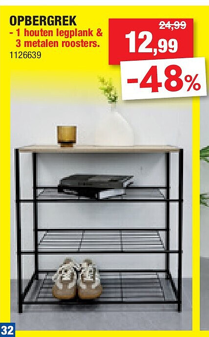 OPBERGREK - 1 houten legplank & 3 metalen roosters