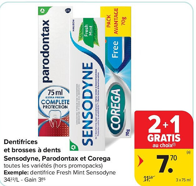 Dentifrices et brosses à dents Sensodyne, Parodontax et Corega 3 x 75 ml